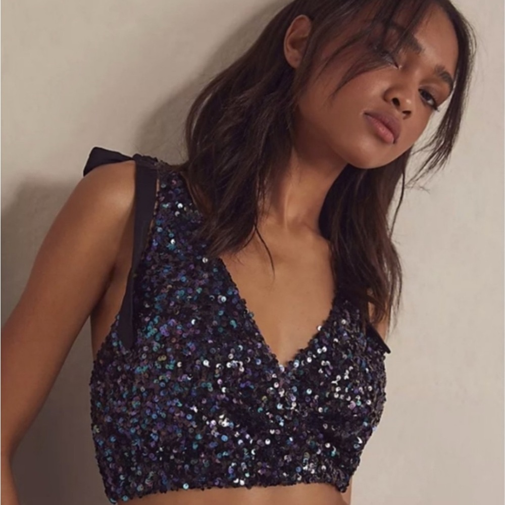 Free People Sequin Crop Top - Black and Blue